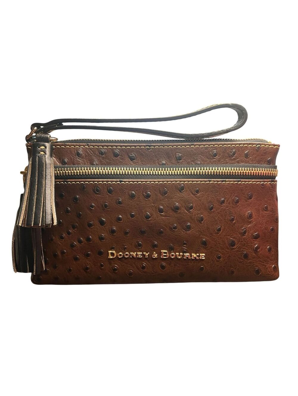 DB4. Dooney & Bourke Ostrich Double Zip Wristlet - Brown